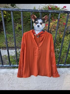 Chico's Orange Embroidered Long-Sleeve V-Neck Blouse
